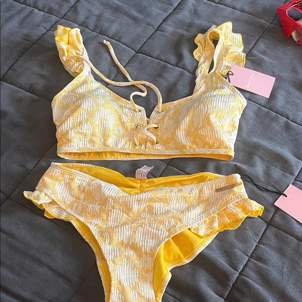 Juicy Couture Yellow Ruffle Lace-Up Bandeau Bikini Set